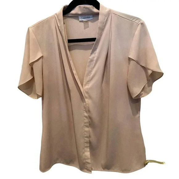 Calvin Klein Women's Pink Short Sleeves Semi-Sheer Blush Blouse Size L‎ - Picture 2 of 7